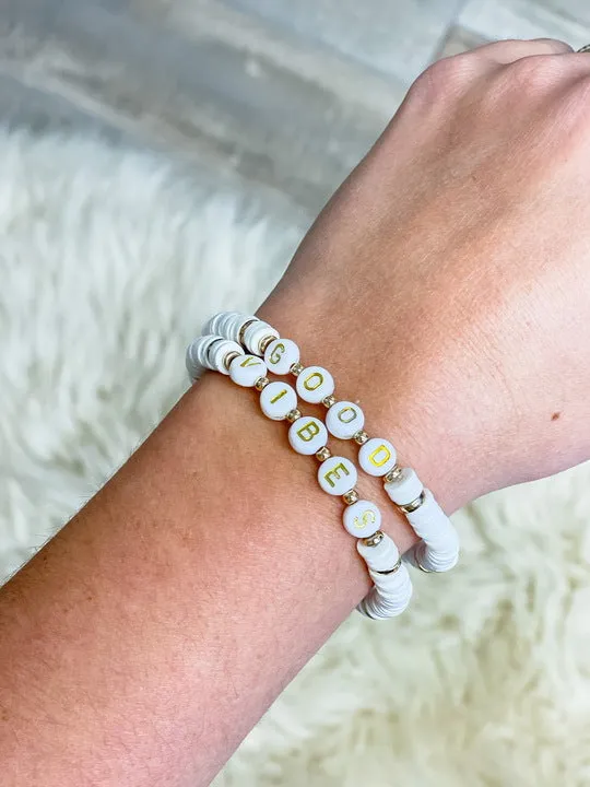Prep Obsessed ESS Bracelets Good Vibes Stretch Bracelet Set White Prep Obsessed ESS Bracelets Good Vibes Stretch Bracelet Set White