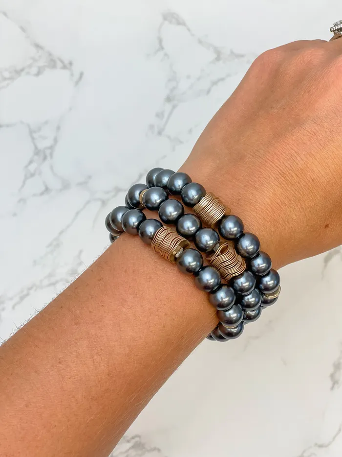 Prep Obsessed JJ Bracelets Gray Pearl Beaded Bracelet Stack