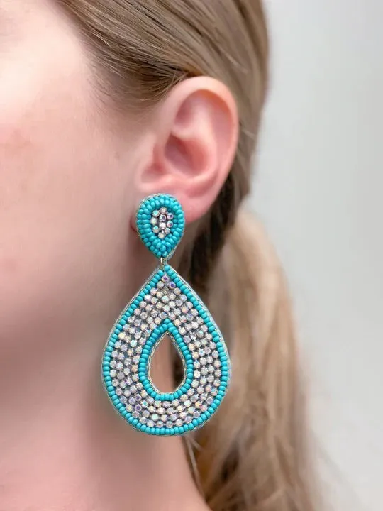 Prep Obsessed MOA Earrings Glitzy Seed Bead Teardrop Dangle Earrings Turquoise