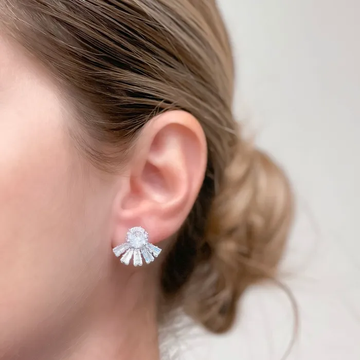 Prep Obsessed PR Earrings Rhinestone HalfCircle Ray Stud Earrings Silver