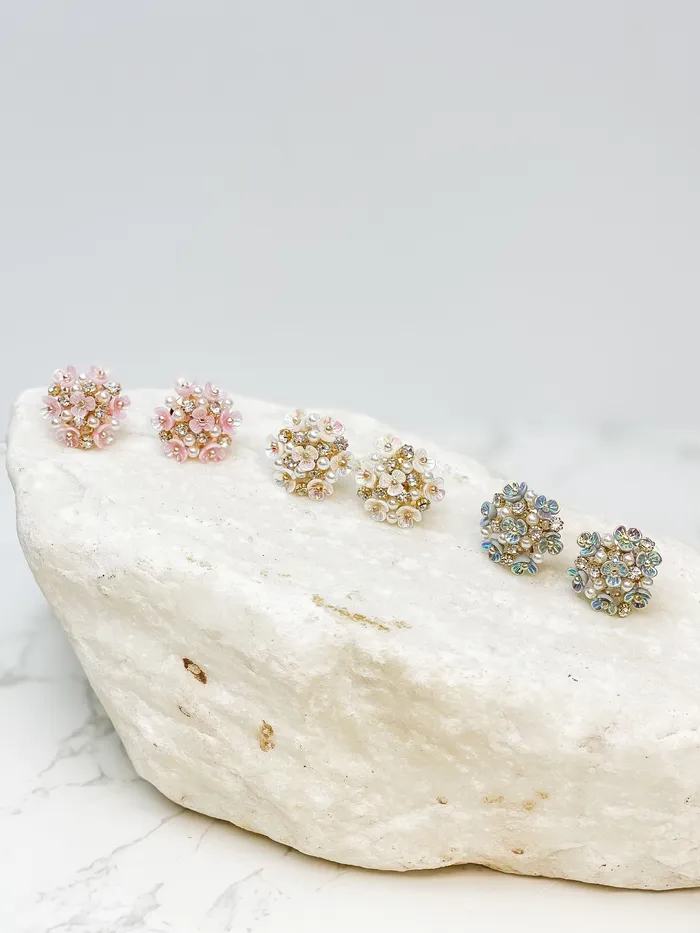 Prep Obsessed PR Pearl Flower Cluster Post Earrings Blue Earrings