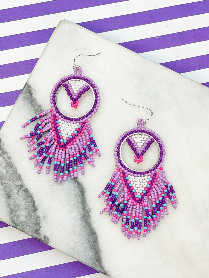 Purple Dreamcatcher Fringe Seed Bead Dangle Earrings Prep Obsessed MOA Earrings Purple Dreamcatcher Fringe Seed Bead Dangle Earrings Prep Obsessed MOA Earrings