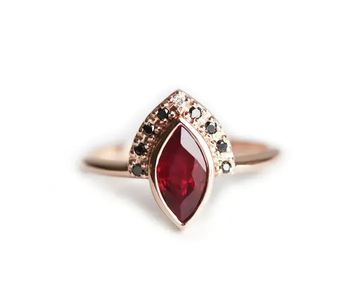 Regina Ruby And Black Diamond Ring Set With Chevron Band Capucinne Rings
