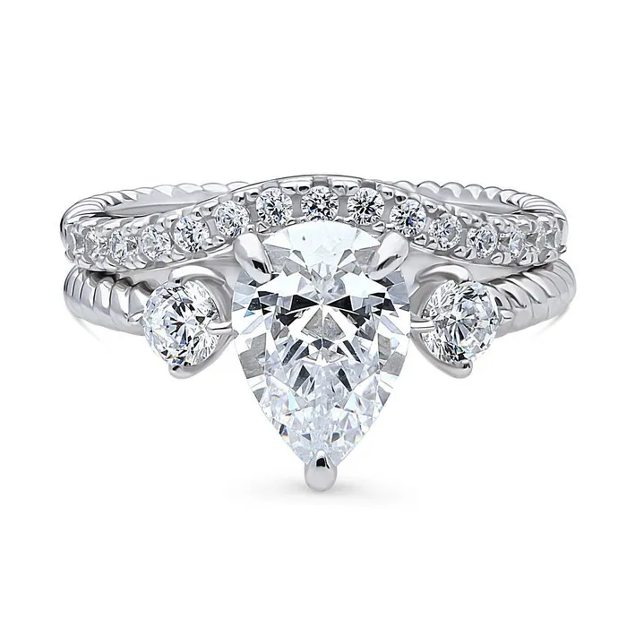 Rings 3Stone Woven 18ct Pear CZ Ring Set in Sterling Silver BERRICLE