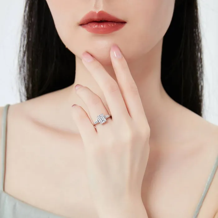 Rings BERRICLE 3Stone Wishbone 21ct Emerald Cut CZ Ring Set in Sterling Silver