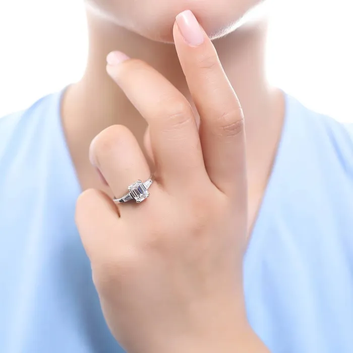 Rings BERRICLE 3Stone Wishbone 21ct Emerald Cut CZ Ring Set in Sterling Silver