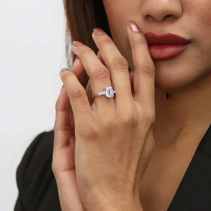 Rings BERRICLE 3Stone Wishbone 21ct Emerald Cut CZ Ring Set in Sterling Silver