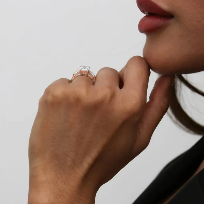Rings BERRICLE 3Stone Wishbone 21ct Emerald Cut CZ Ring Set in Sterling Silver