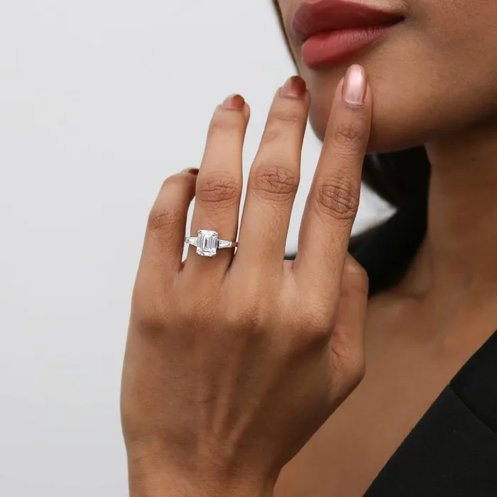 Rings BERRICLE 3Stone Wishbone 21ct Emerald Cut CZ Ring Set in Sterling Silver