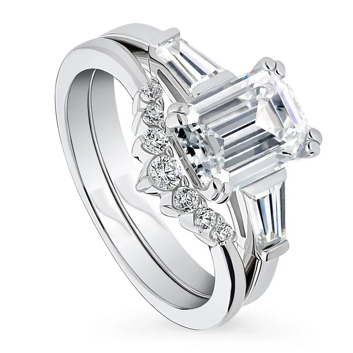 Rings BERRICLE 3Stone Wishbone 21ct Emerald Cut CZ Ring Set in Sterling Silver