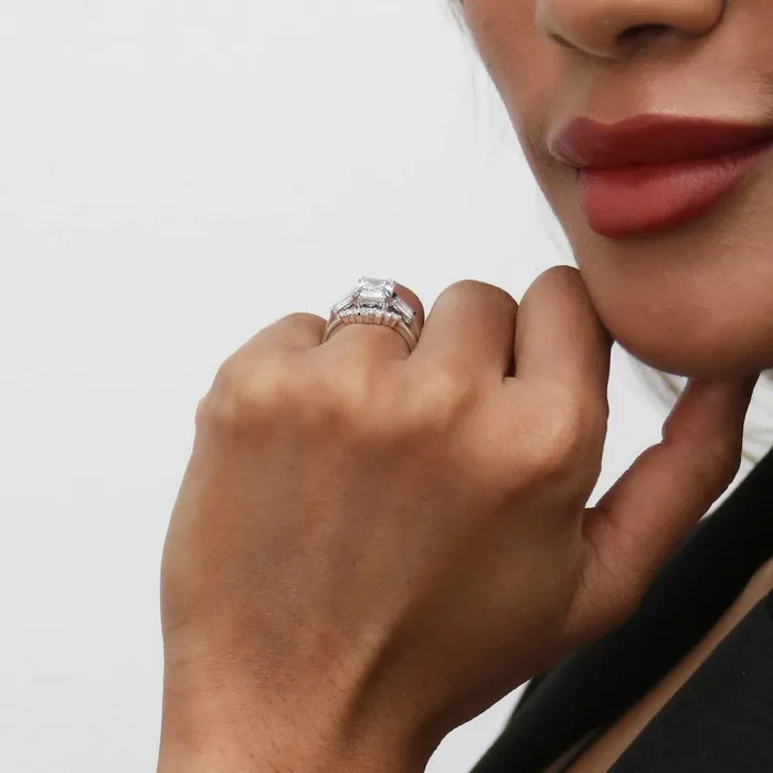 Rings BERRICLE 3Stone Wishbone 21ct Emerald Cut CZ Ring Set in Sterling Silver