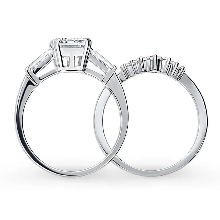 Rings BERRICLE 3Stone Wishbone 21ct Emerald Cut CZ Ring Set in Sterling Silver