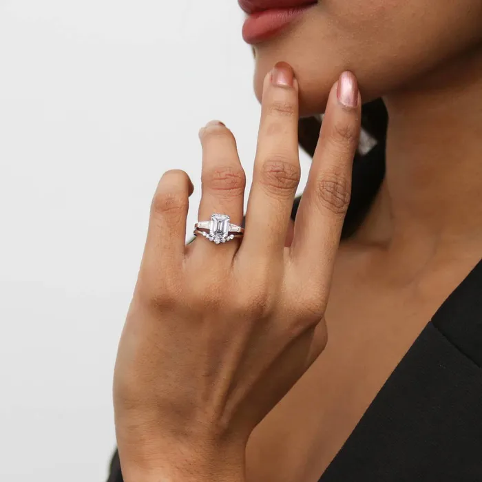 Rings BERRICLE 3Stone Wishbone 21ct Emerald Cut CZ Ring Set in Sterling Silver