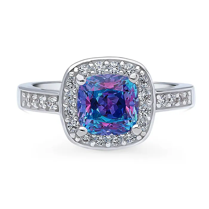 Rings BERRICLE Halo Kaleidoscope Purple Aqua Cushion CZ Ring in Sterling Silver
