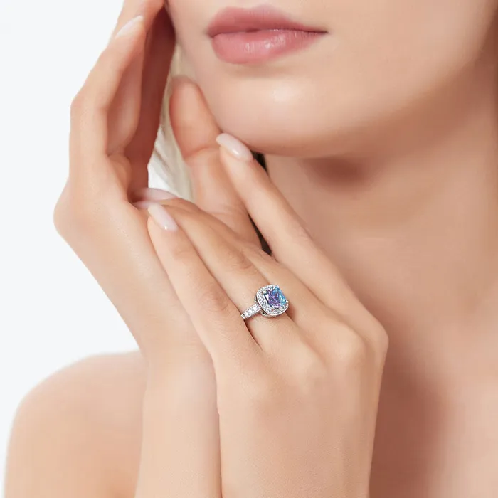 Rings BERRICLE Halo Kaleidoscope Purple Aqua Cushion CZ Ring in Sterling Silver