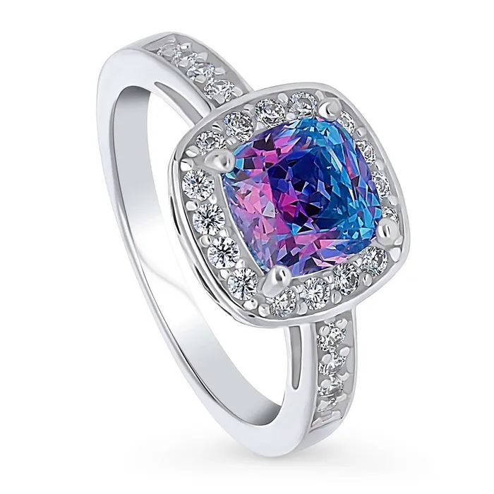 Rings BERRICLE Halo Kaleidoscope Purple Aqua Cushion CZ Ring in Sterling Silver