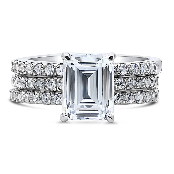 Rings BERRICLE Solitaire Hidden Halo Emerald Cut CZ Ring Set in Sterling Silver