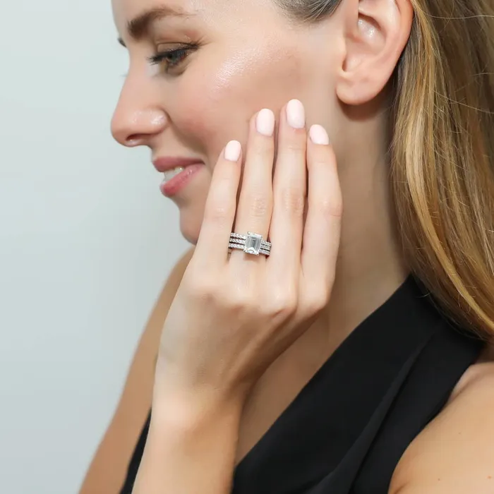 Rings BERRICLE Solitaire Hidden Halo Emerald Cut CZ Ring Set in Sterling Silver