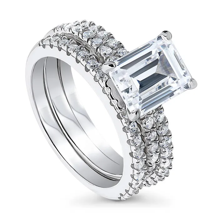 Rings BERRICLE Solitaire Hidden Halo Emerald Cut CZ Ring Set in Sterling Silver