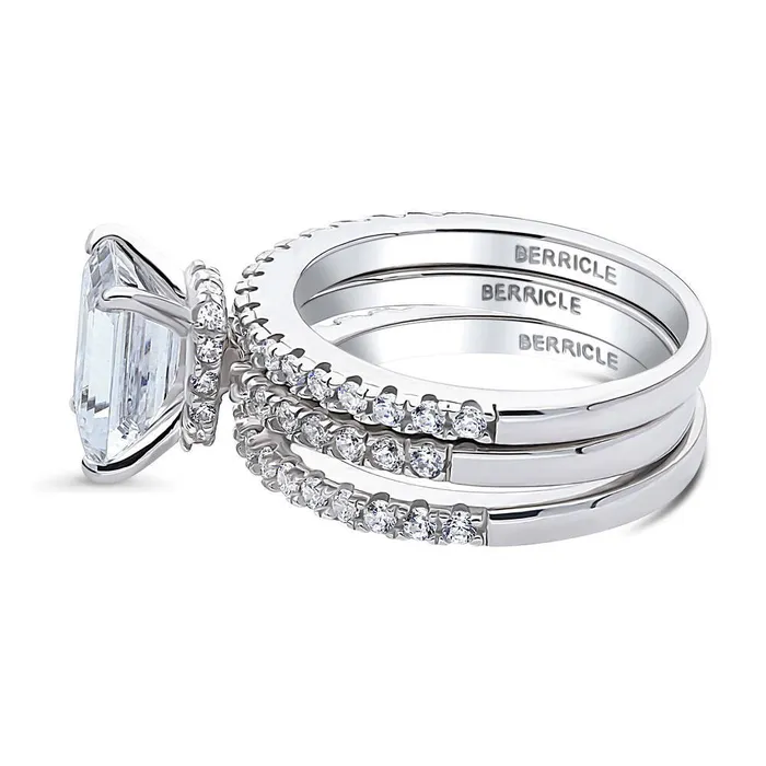 Rings BERRICLE Solitaire Hidden Halo Emerald Cut CZ Ring Set in Sterling Silver