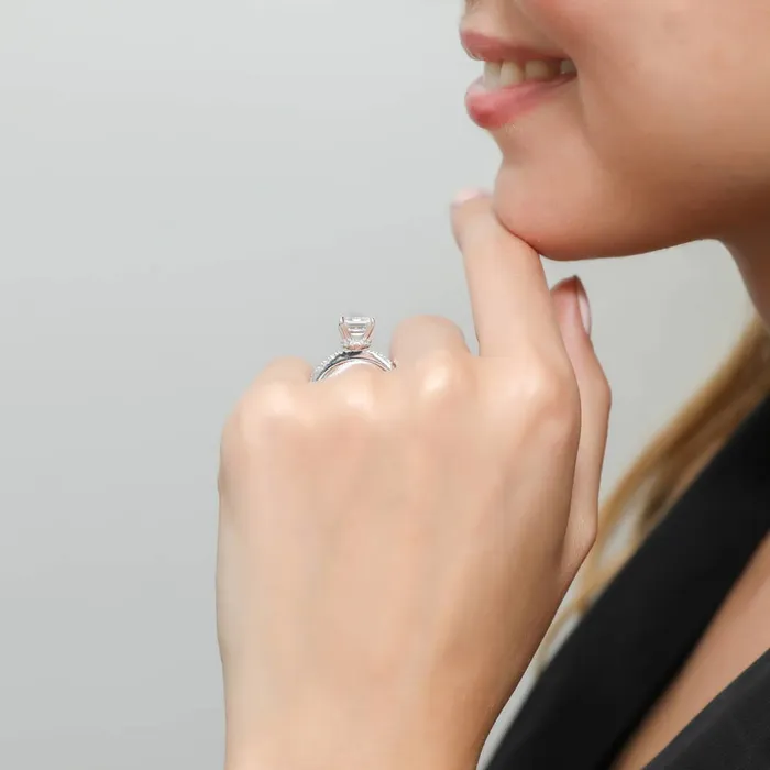 Rings BERRICLE Solitaire Hidden Halo Emerald Cut CZ Ring Set in Sterling Silver