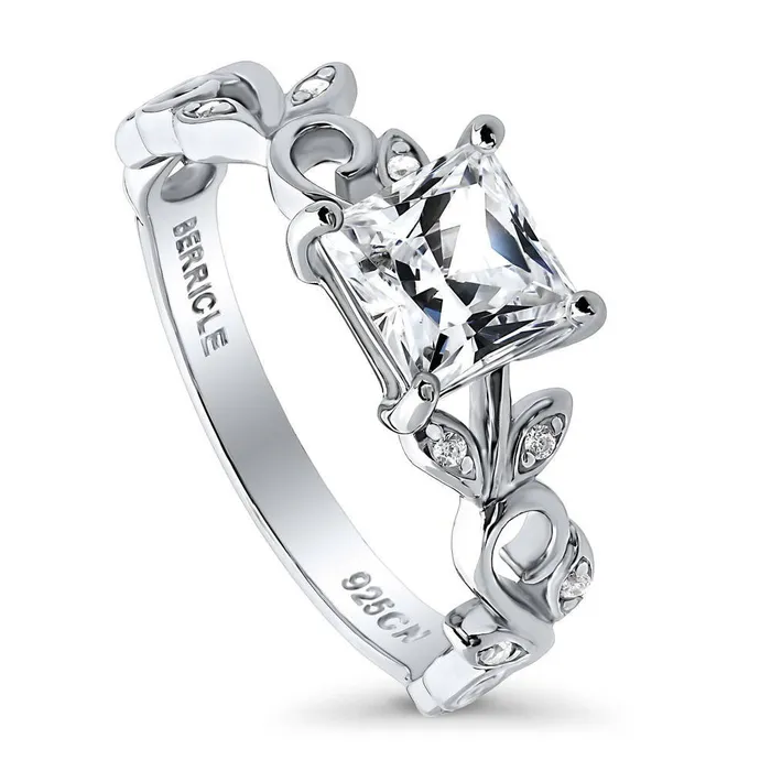 Rings BERRICLE Solitaire Leaf 12ct Princess CZ Ring in Sterling Silver