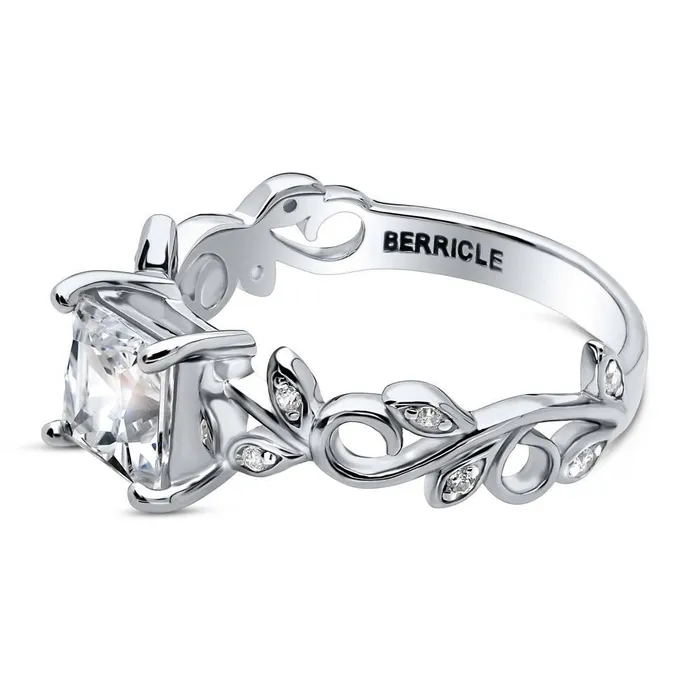 Rings BERRICLE Solitaire Leaf 12ct Princess CZ Ring in Sterling Silver