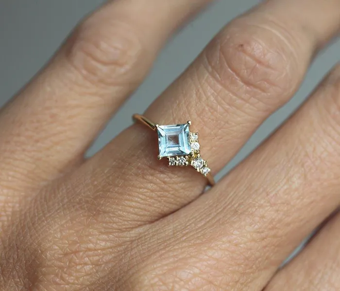 Rings Capucinne Luca Square Aquamarine Diamond Cluster Ring
