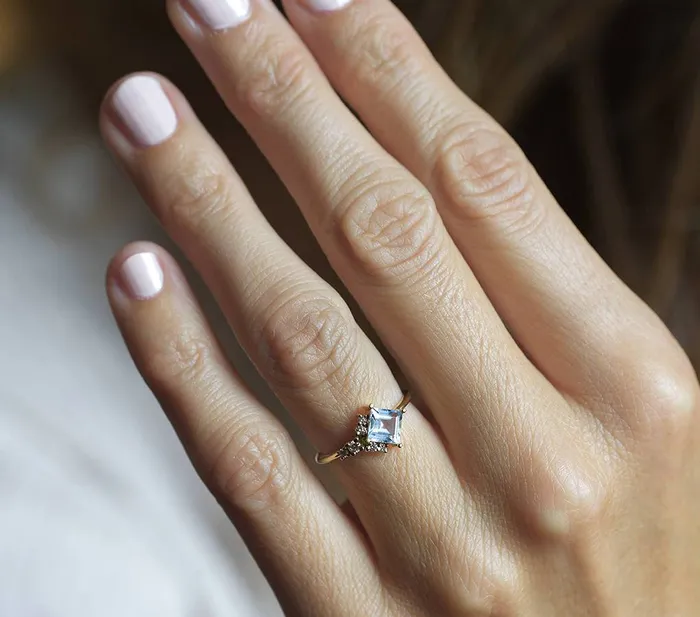 Rings Capucinne Luca Square Aquamarine Diamond Cluster Ring
