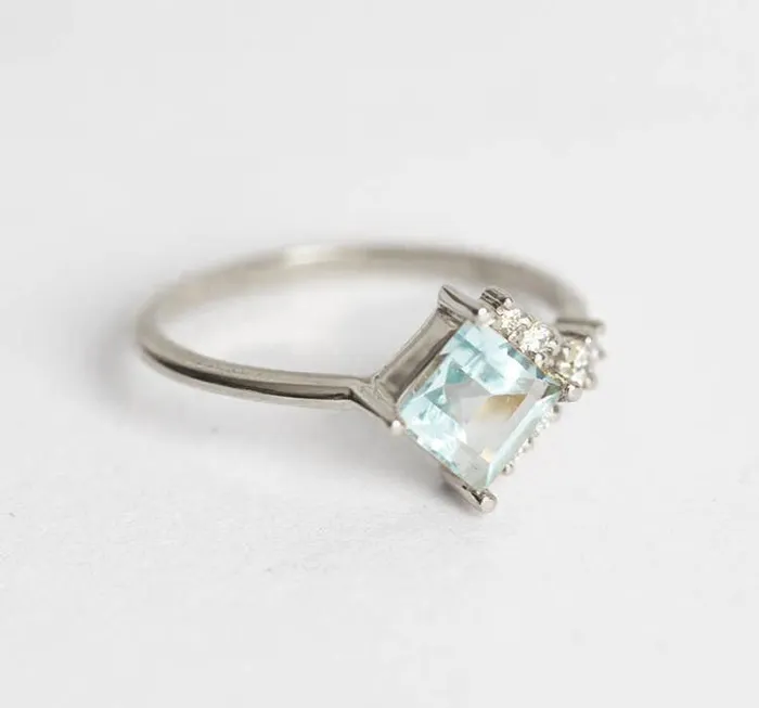 Rings Capucinne Luca Square Aquamarine Diamond Cluster Ring