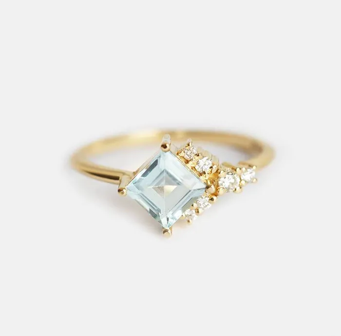 Rings Capucinne Luca Square Aquamarine Diamond Cluster Ring