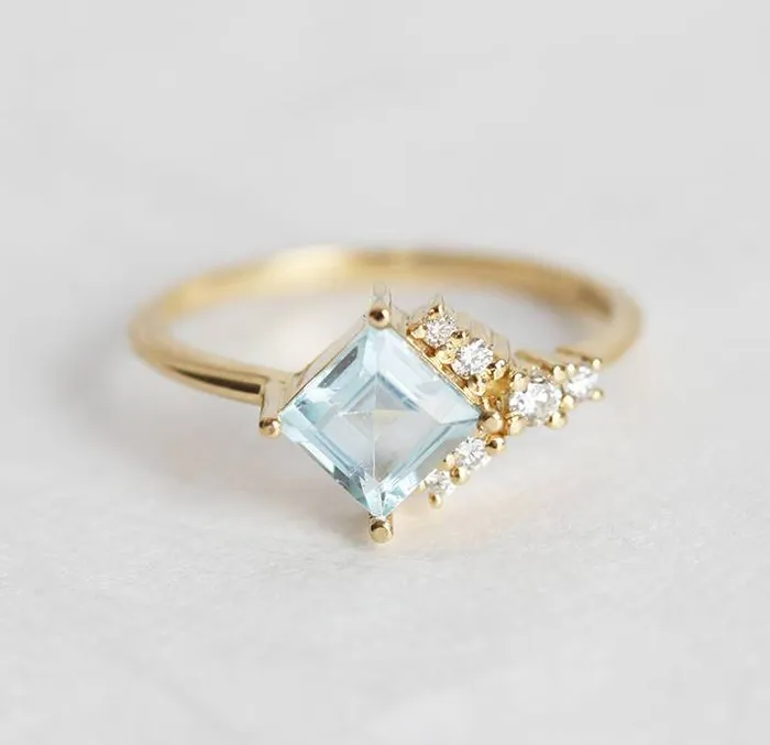 Rings Capucinne Luca Square Aquamarine Diamond Cluster Ring
