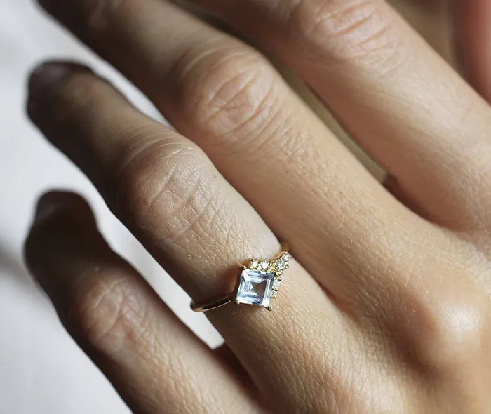 Rings Capucinne Luca Square Aquamarine Diamond Cluster Ring