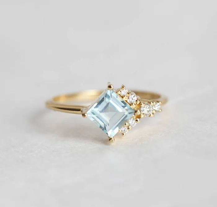 Rings Capucinne Luca Square Aquamarine Diamond Cluster Ring