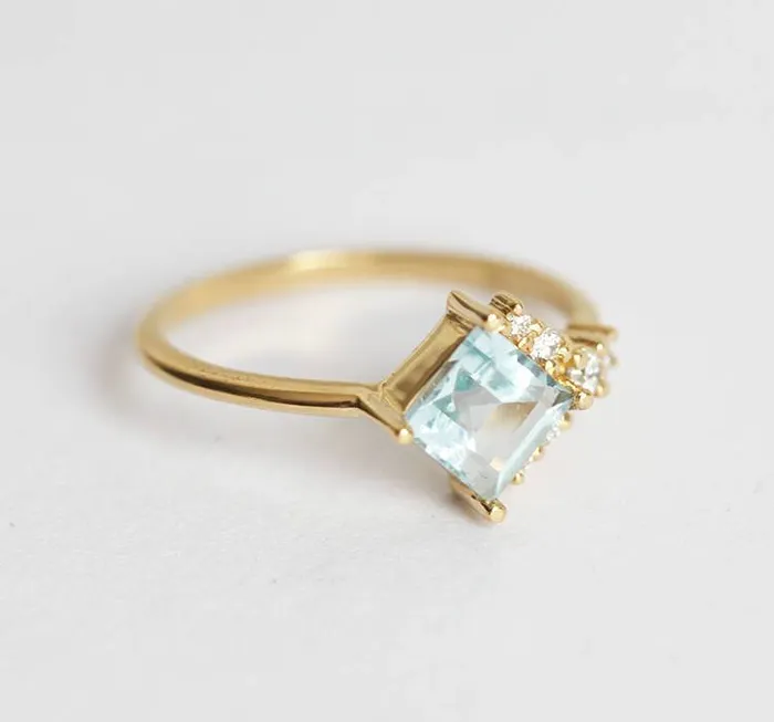 Rings Capucinne Luca Square Aquamarine Diamond Cluster Ring