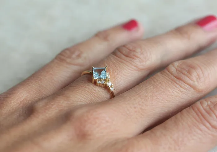 Rings Capucinne Luca Square Aquamarine Diamond Cluster Ring