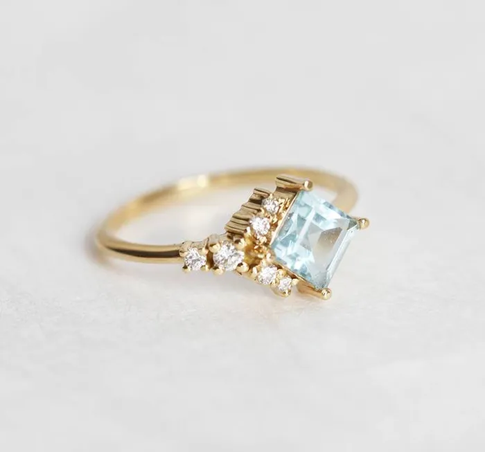 Rings Capucinne Luca Square Aquamarine Diamond Cluster Ring