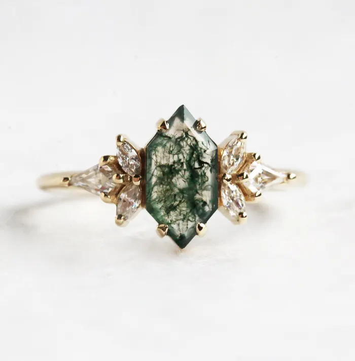 Rings Capucinne Tori Hexagon Moss Agate Ring With Accent Diamonds Ready to Ship