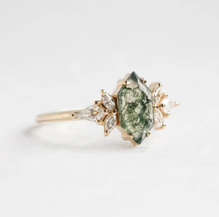 Rings Capucinne Tori Hexagon Moss Agate Ring With Accent Diamonds Ready to Ship