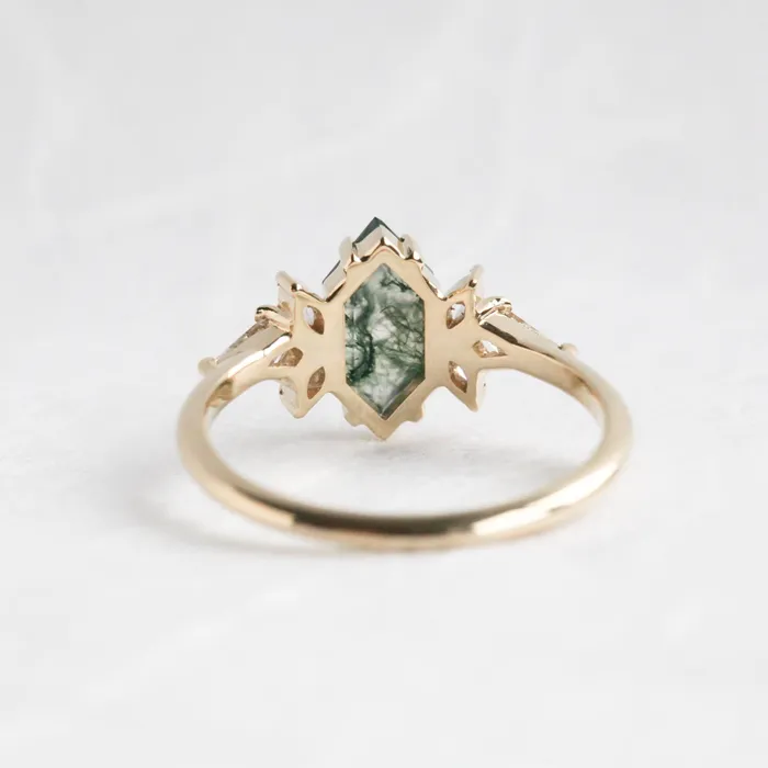 Rings Capucinne Tori Hexagon Moss Agate Ring With Accent Diamonds Ready to Ship