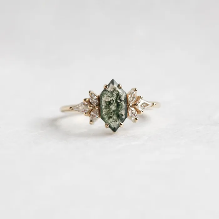Rings Capucinne Tori Hexagon Moss Agate Ring With Accent Diamonds Ready to Ship