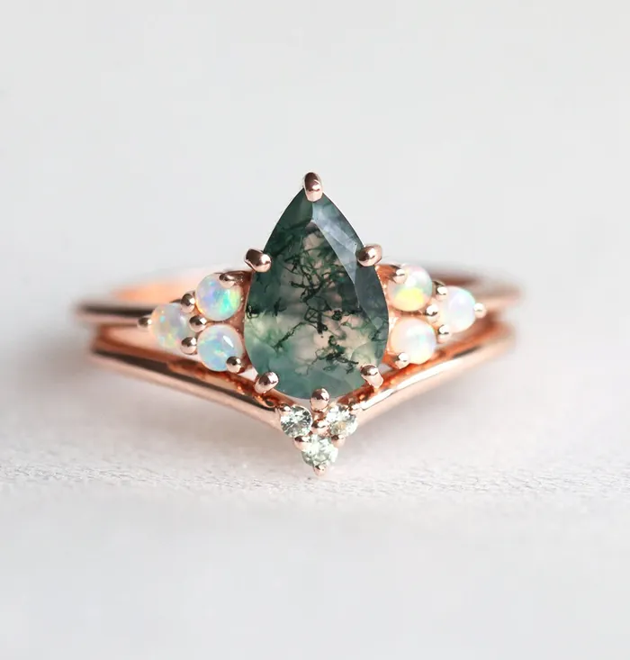 Rings Capucinne Willow Pear Moss Agate and Opal Ring Set