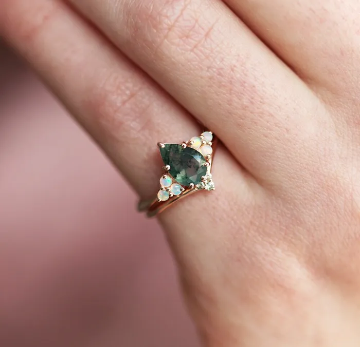 Rings Capucinne Willow Pear Moss Agate and Opal Ring Set
