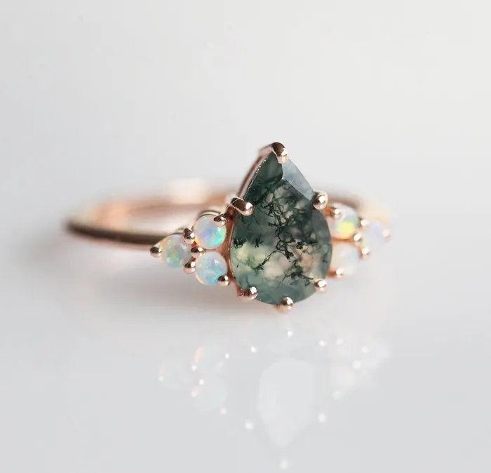 Rings Capucinne Willow Pear Moss Agate and Opal Ring Set