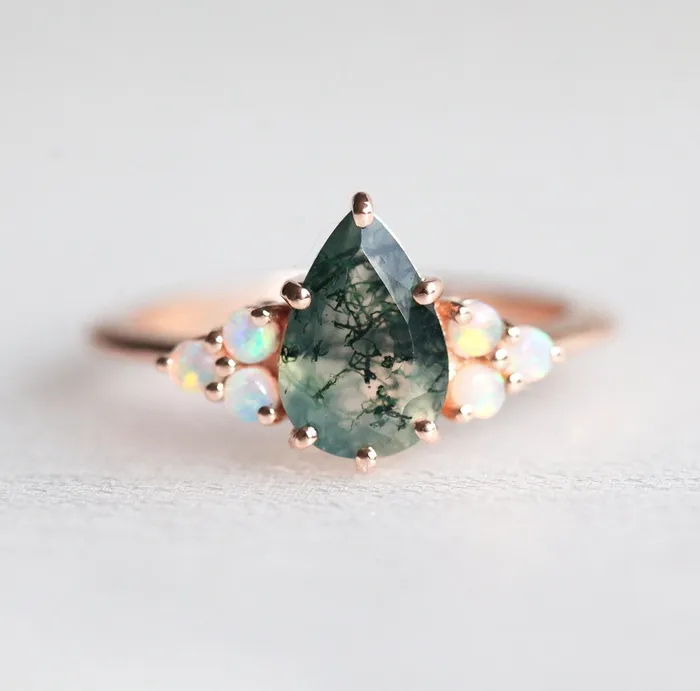 Rings Capucinne Willow Pear Moss Agate and Opal Ring Set