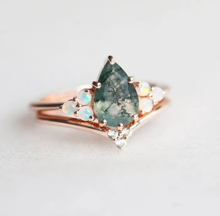 Rings Capucinne Willow Pear Moss Agate and Opal Ring Set