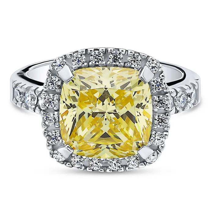 Rings Halo Canary Yellow Cushion CZ Ring in Sterling Silver BERRICLE