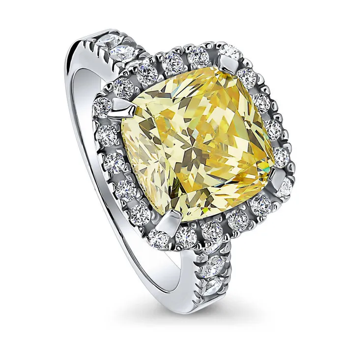 Rings Halo Canary Yellow Cushion CZ Ring in Sterling Silver BERRICLE