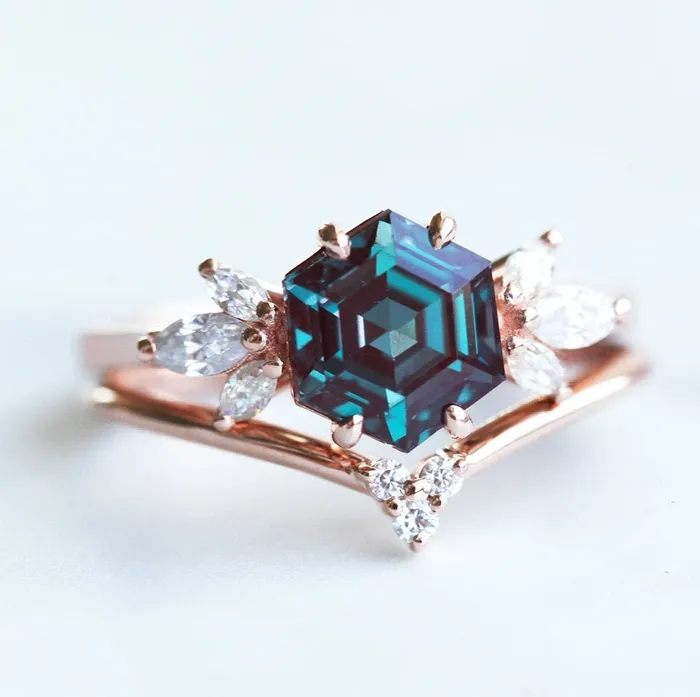Rings Hexagon Alexandrite Engagement Ring Set Capucinne