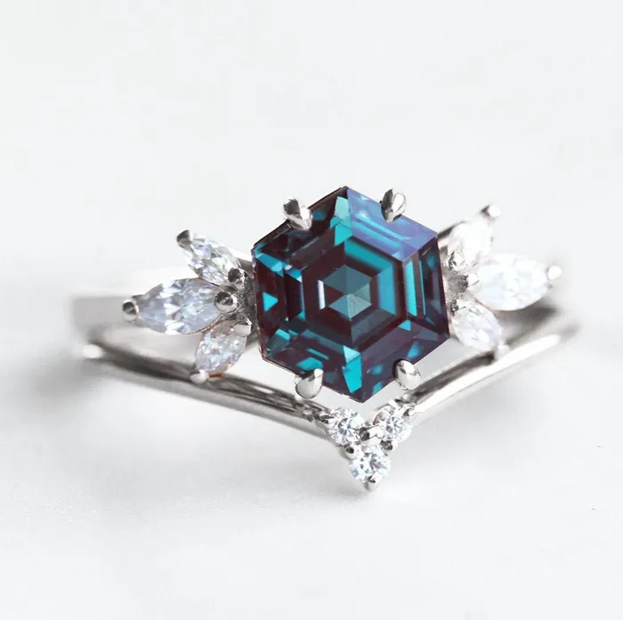 Rings Hexagon Alexandrite Engagement Ring Set Capucinne